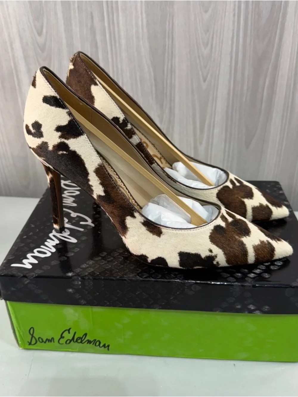 Sam Edelman Hazel Pumps Cow Hair Brown Cream Heels Animal Print Women’s Sz 7.5